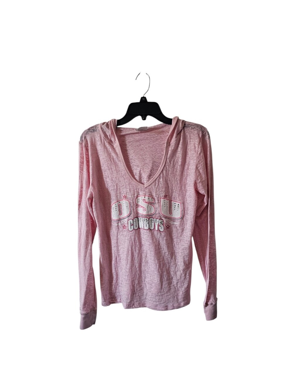 AM STYLE OSU Oklahoma State Cowboys Pink Burnout Hoodie Womens Size L V-Neck